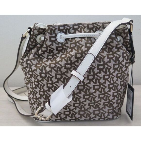DKNY R11JFE13 White/Brown Signature Jacquard Noho Bucket Shoulder Bag $198 - Picture 2 of 13